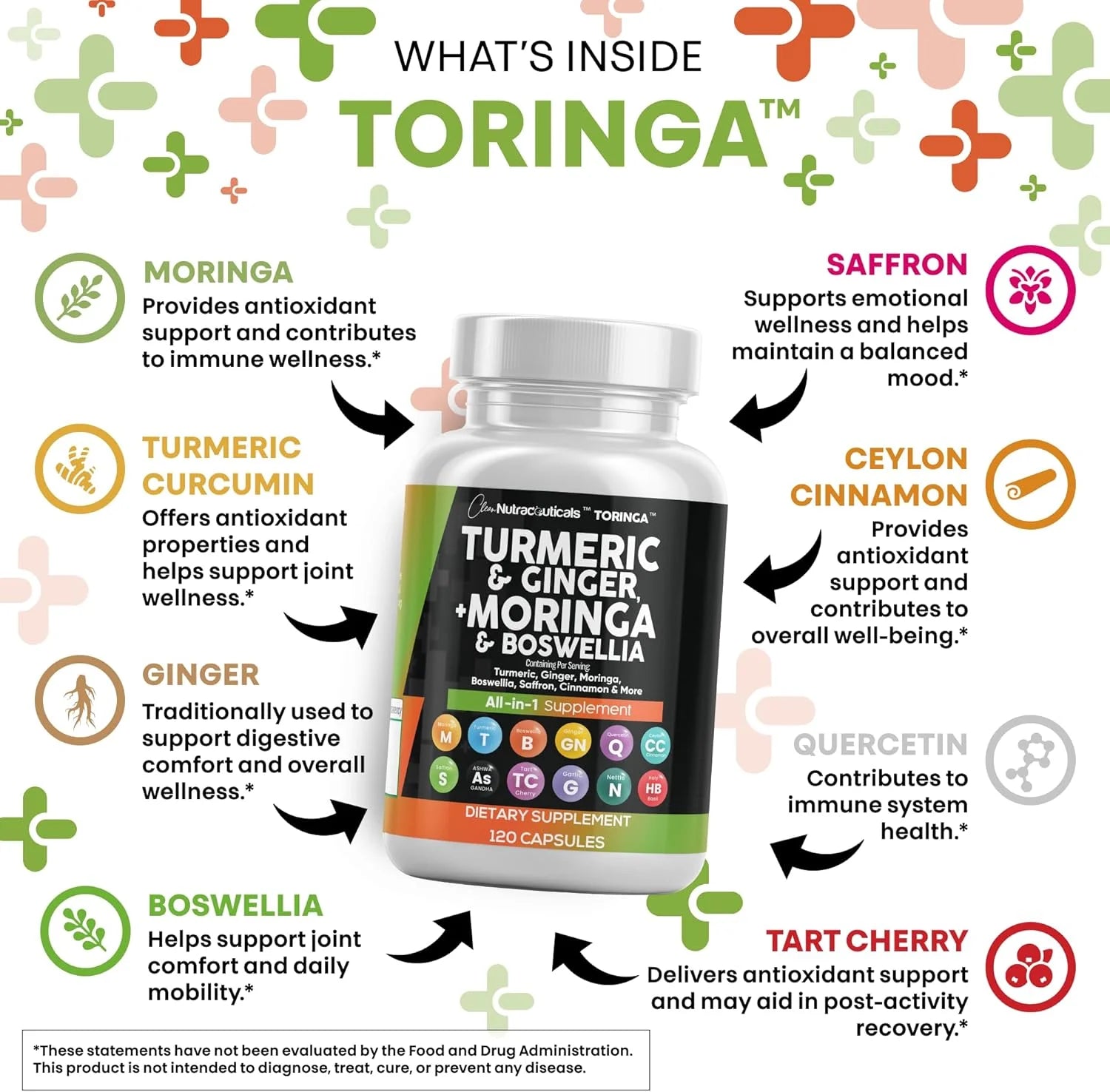 Turmeric Curcumin 30000Mg Ginger 3000Mg Moringa 50000Mg Boswellia 3000Mg Saffron 2000Mg - Joint Support Supplement for Women and Men with Ceylon Cinnamon, Quercetin, Tart Cherry - 120 Caps
