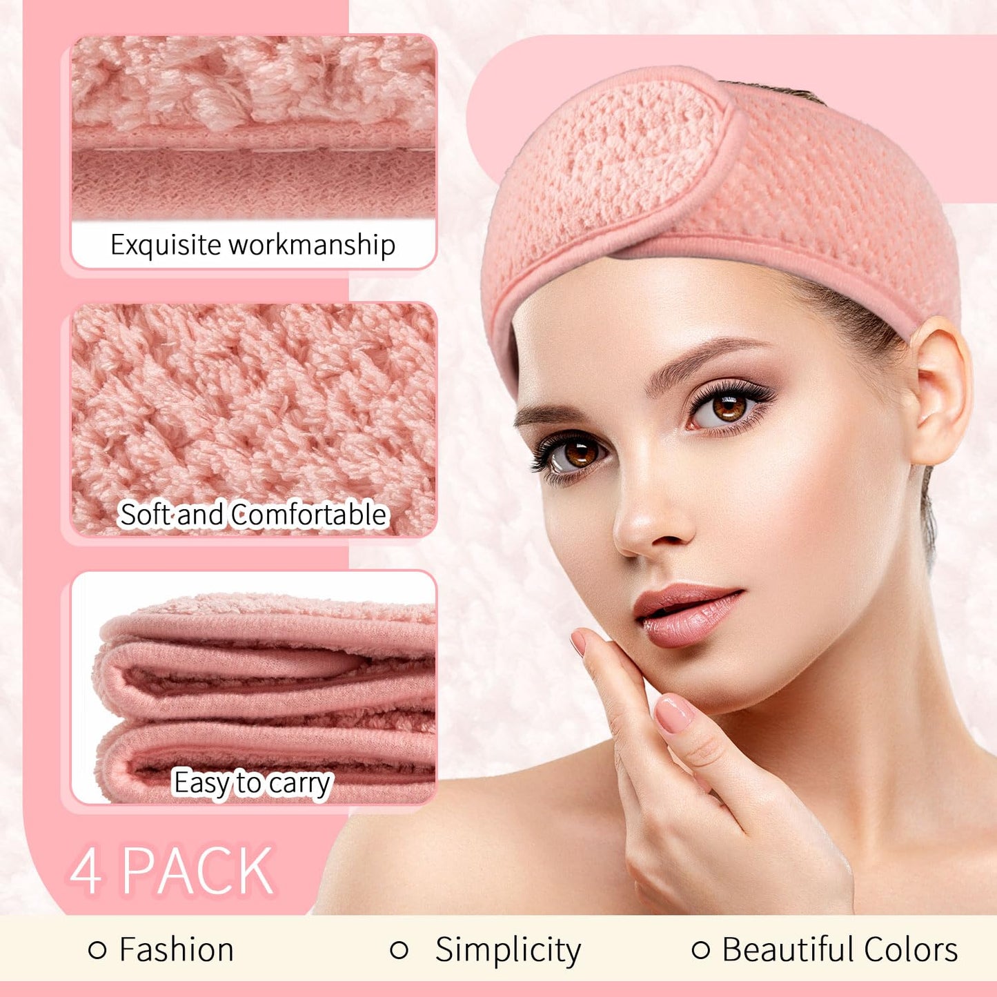4 Pack Spa Facial Headband Makeup Hair Wrap Adjustable Hair Band Soft Towel Head Band for Face Washing, Shower Sports Yoga (Pea Green, Pink, Beige, Light Gray)
